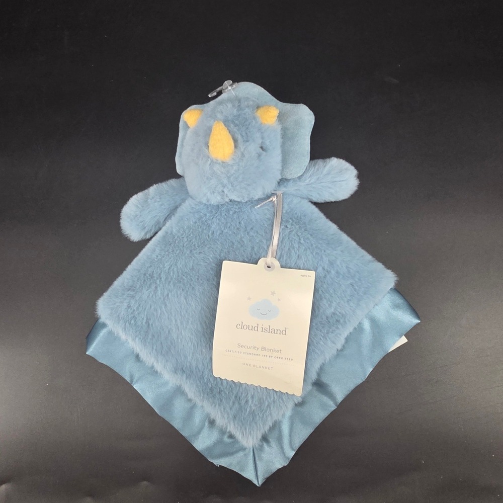 Cloud Island Blue Triceratops Dinosaur Security Blanket Lovey Faux Fur Satin NEW
